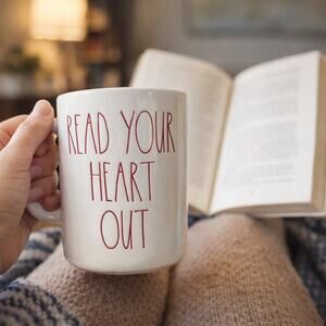 Rae Dunn Read Your Heart Out Mug Red Interior Coffee Cup